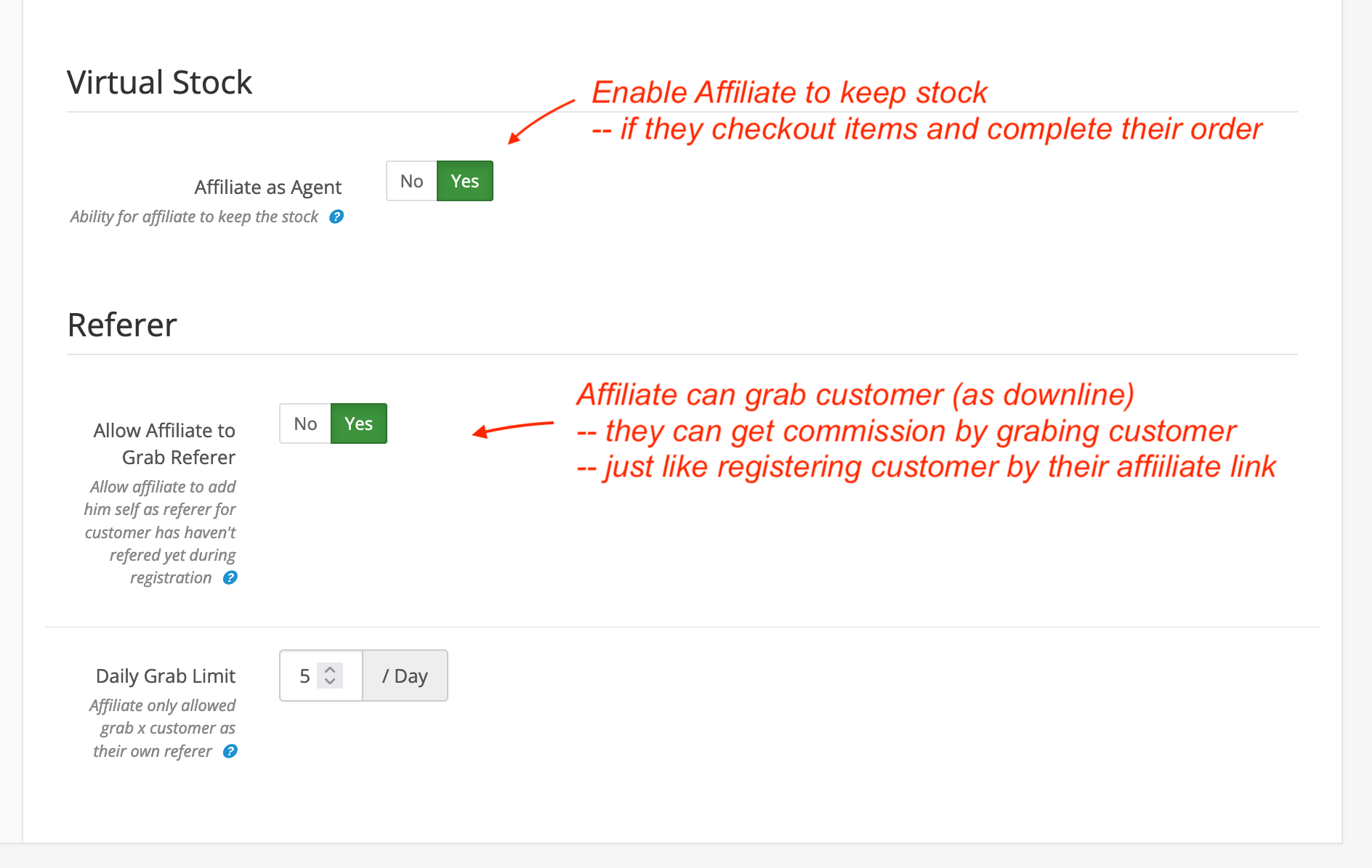 virtual stock and grab customer for affiliate opencart